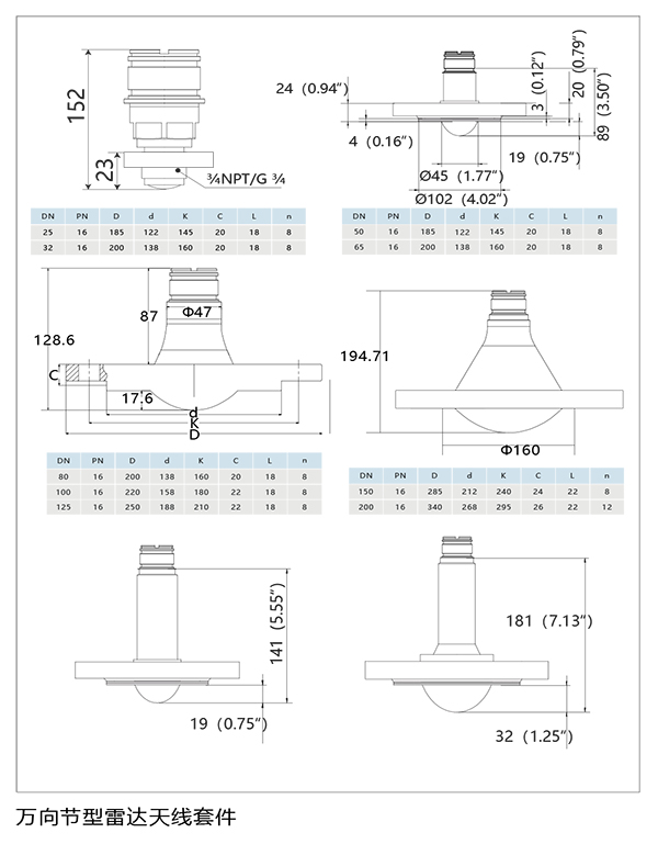 防腐四氟型雷達液位計尺寸圖